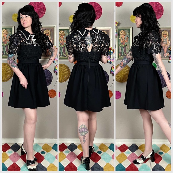 Self-Portrait Black Embellished Guipure Diamante Lace Mini Dress - Picture 3 of 9